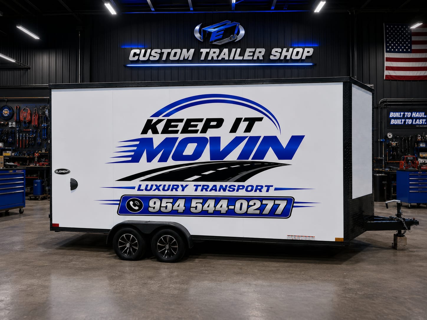 Keep It Movin branded enclosed trailer — side view